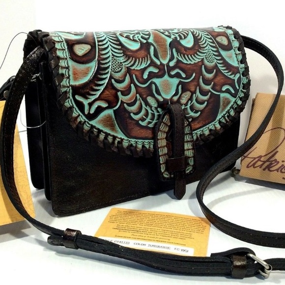 Purse, Leather, Indian Design, Turquoise & Brown, Patricia Nash Lanza Crossbody - Picture 2 of 16